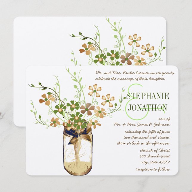 Rustic Romantic Copper Olive Mason Jar Wedding Invitation (Front/Back)
