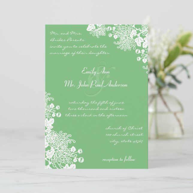 Rustic Romantic Floral Grass Green Wedding Invites (Standing Front)