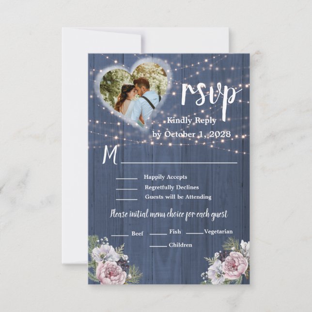Rustic Romantic Floral Photo Wedding  RSVP Card (Front)