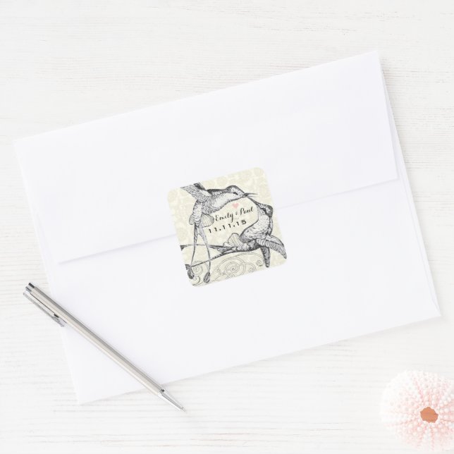 Rustic Romantic Hummingbird Kiss Love Bird Wedding Square Sticker (Envelope)