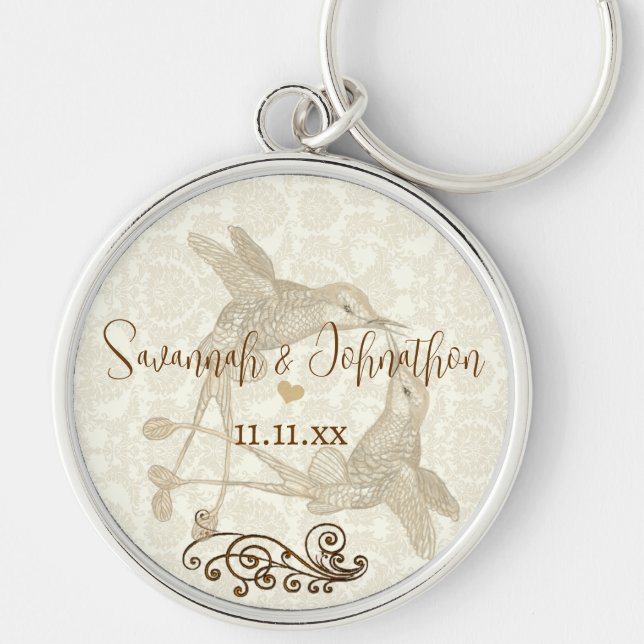 Rustic Romantic Hummingbird Kiss Love BirdWedding Key Ring (Front)