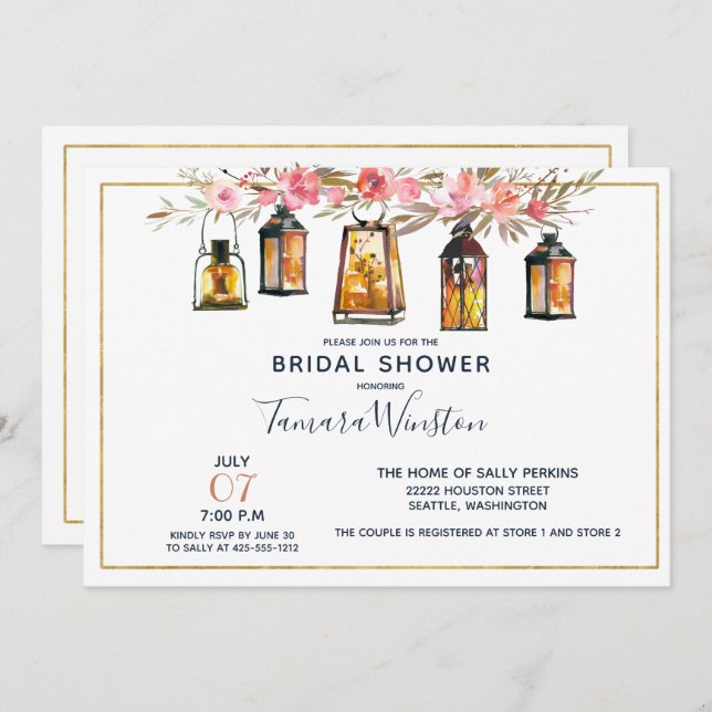 Rustic Romantic Lanterns Rose Gold Bridal Shower Invitation (Front/Back)