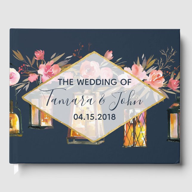 Rustic Romantic Navy Blue Coral Floral Wedding Guest Book (Front)
