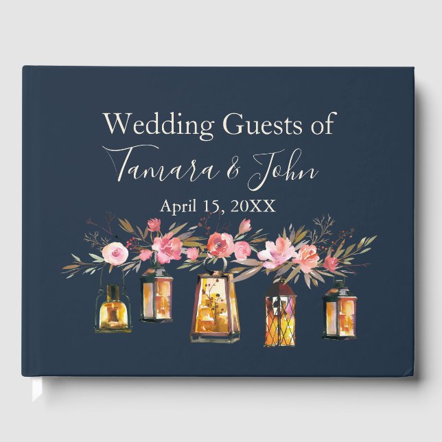 Rustic Romantic Navy Blue Coral Floral Wedding Guest Book (Front)
