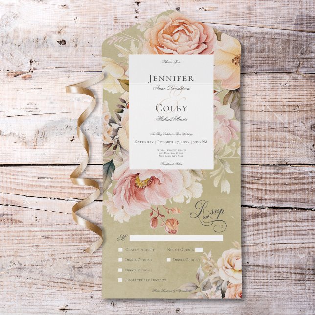 Rustic Romantic Pink & Blush Roses Green Dinner All In One Invitation (Rustic Romantic Pink & Blush Roses Green Dinner All In One Invitation)