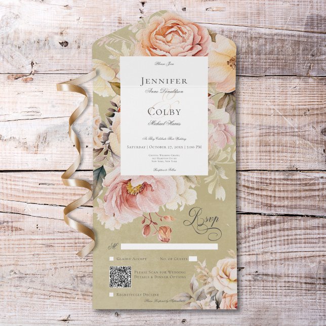 Rustic Romantic Pink & Blush Roses Green QR Code All In One Invitation (Rustic Romantic Pink & Blush Roses Green QR Code All In One Invitation)