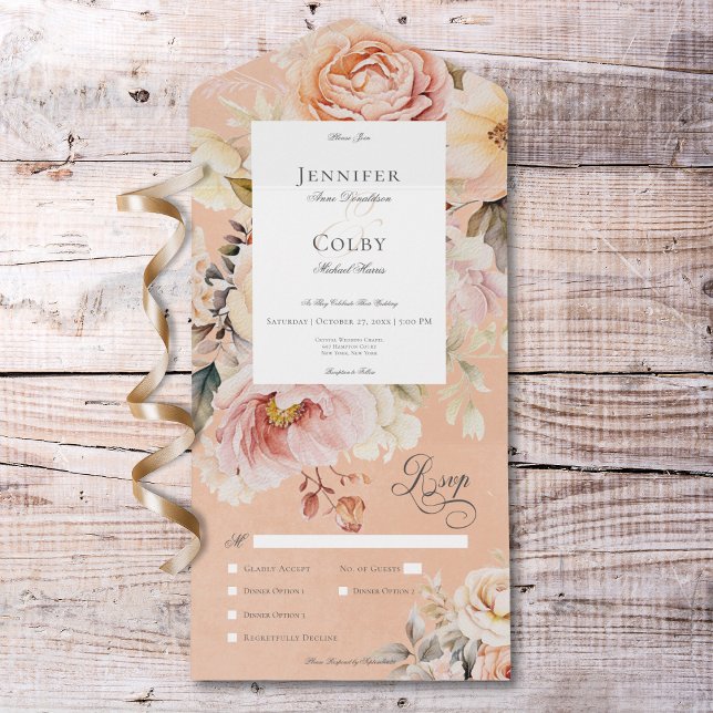 Rustic Romantic Pink & Blush Roses Peach Dinner All In One Invitation (Rustic Romantic Pink & Blush Roses Peach Dinner All In One Invitation)