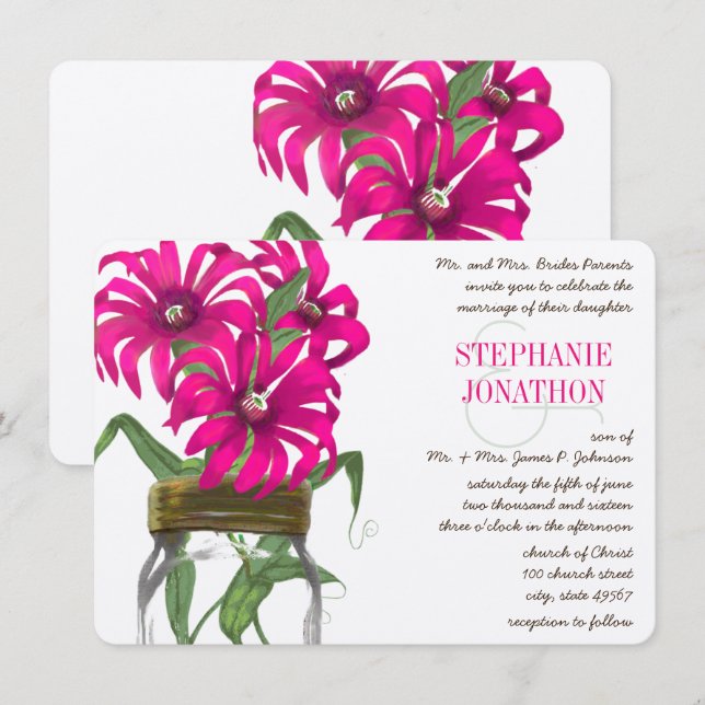 Rustic Romantic Pink Mason Jar Wild Flower Wedding Invitation (Front/Back)