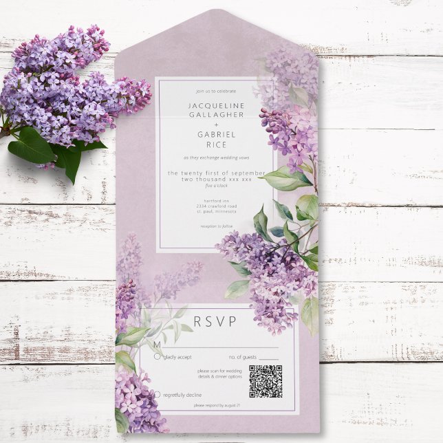 Rustic Romantic Purple & Sage Lilacs QR Code All In One Invitation (Rustic Romantic Purple & Sage Lilacs QR Code All In One Invitation)