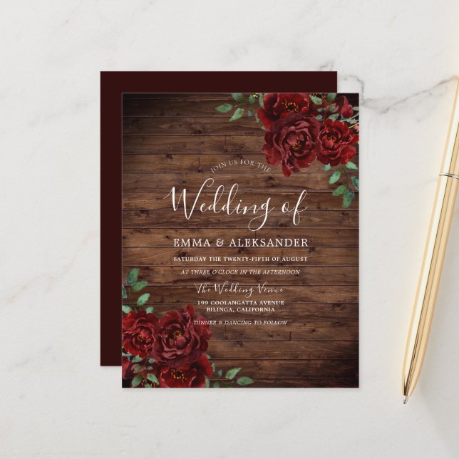 Rustic Romantic Red Rose Rustic Wood Invitation (Front/Back In Situ)