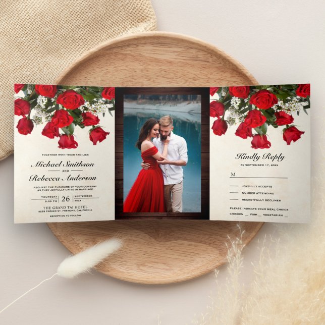 Rustic Romantic Red Roses Bouquet Photo Wedding Tri-Fold Invitation (Creator Uploaded)