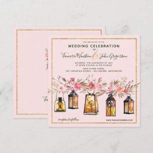 Rustic Romantic Rose Gold Lanterns Floral Wedding Invitation