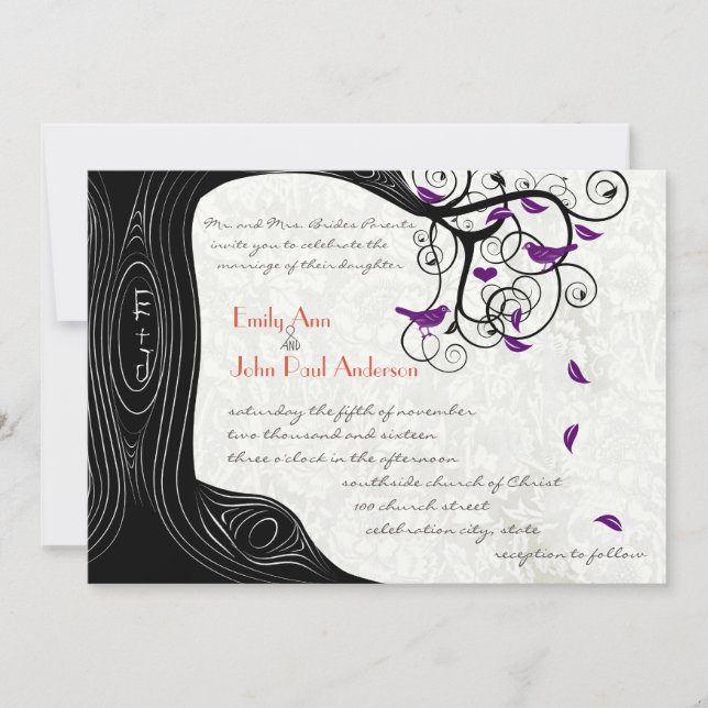 Rustic Romantic Tree Purple Birds Wedding Invitation (Front)