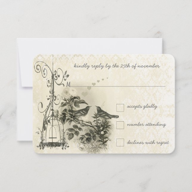 Rustic Romantic Vintage Birdcage Lovebirds RSVP Card (Front)
