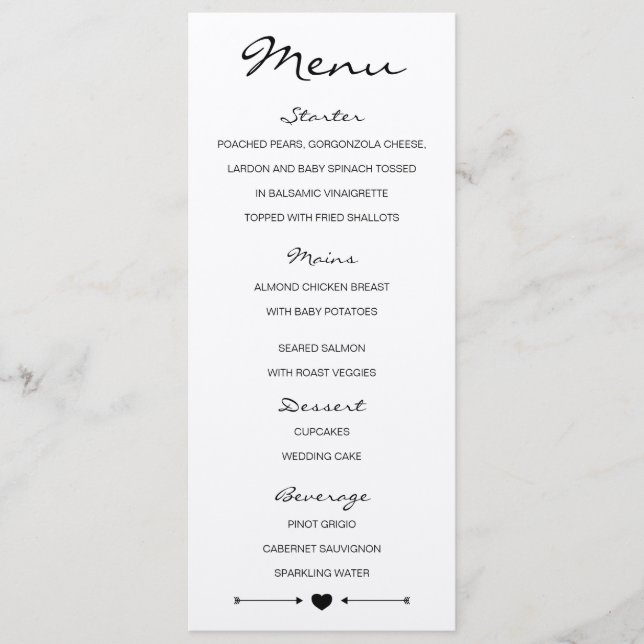 Rustic Romantic Wedding Menu with heart and arrows (Front)