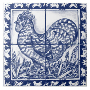 Rustic Rooster Blue White Delft Dedham Vintage  Tile