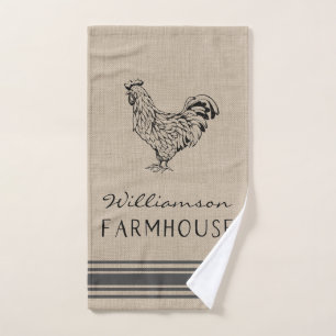 RUSTIC ROOSTER FARMHOUSE FAMILY NAME BURLAP HAND TOWEL