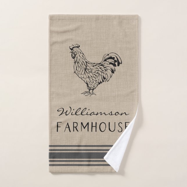 RUSTIC ROOSTER FARMHOUSE FAMILY NAME BURLAP HAND TOWEL (Hand Towel)