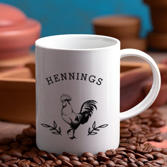 Rustic Rooster Personalised Black and White Coffee Mug (Creator Uploaded)
