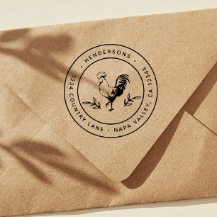 Rustic Rooster Round Return Addres Rubber Stamp