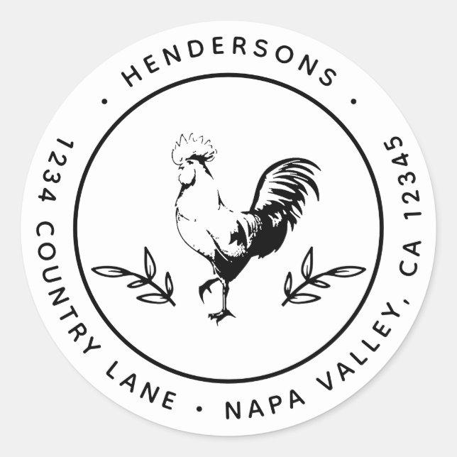 Rustic Rooster Round Return Address Classic Round Sticker (Front)