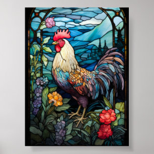 Rustic Rooster Stained Glass Window Country Garden Poster