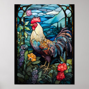 Rustic Rooster Stained Glass Window Country Garden Poster