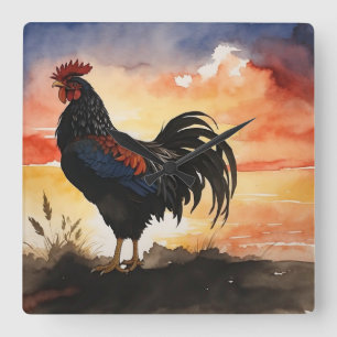 Rustic Rooster Sunrise Square Wall Clock