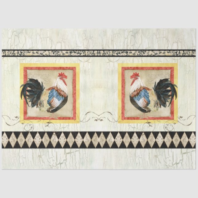 Rustic Rooster Watercolor Harlequin Wood Decoupage Tissue Paper (Front)
