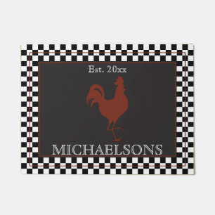 Rustic Rooster with Black   White Checks Name Doormat