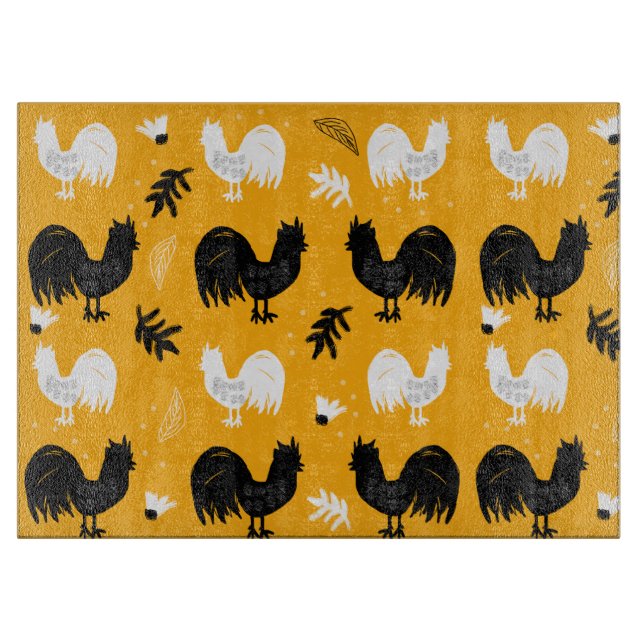 Rustic Roosters Farm Hand Drawn Pattern Cutting Board (Front)