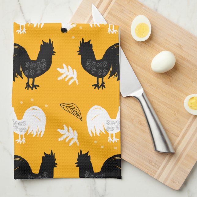 Rustic Roosters Farm Hand Drawn Pattern Tea Towel (Quarter Fold)
