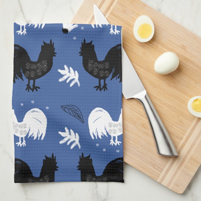 Rustic Roosters Farm Hand Drawn Pattern Tea Towel (Quarter Fold)
