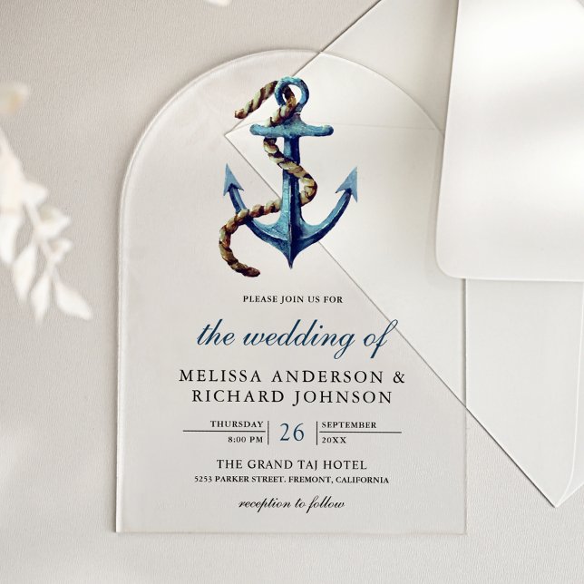 Rustic Rope Navy Blue Anchor Nautical Wedding  Acrylic Invitations (Creator Uploaded)