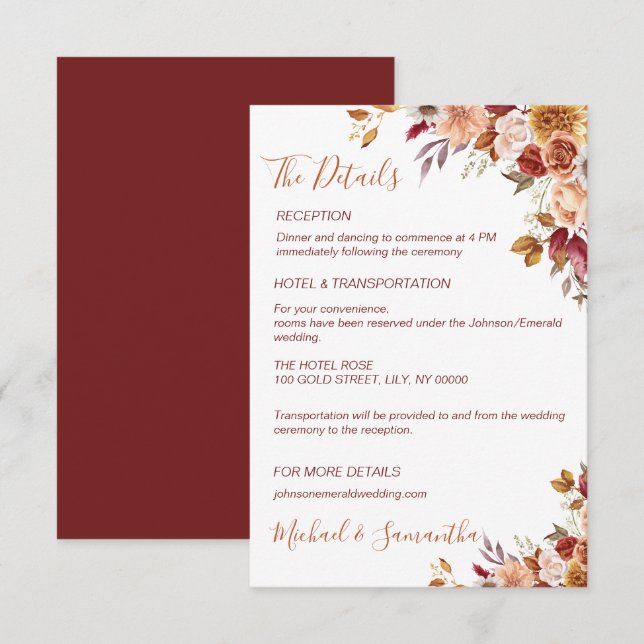 Rustic Rose and Chrysanthemum Fall Wedding Enclosure Card (Front/Back)