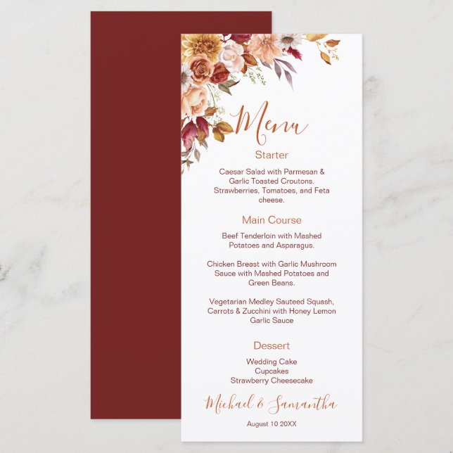 Rustic Rose and Chrysanthemum Fall Wedding Menu (Front/Back)