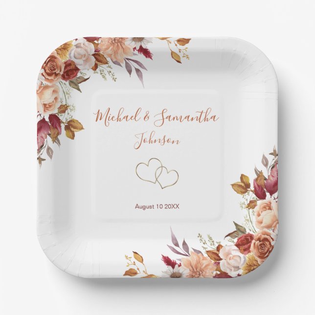Rustic Rose and Chrysanthemum Fall Wedding Paper Plate (Front)