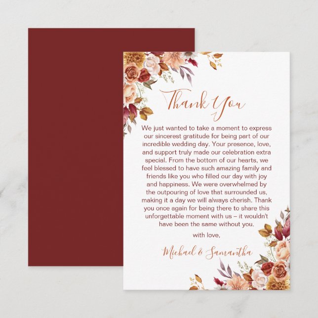 Rustic Rose and Chrysanthemum Fall Wedding Thank You Card (Front/Back)