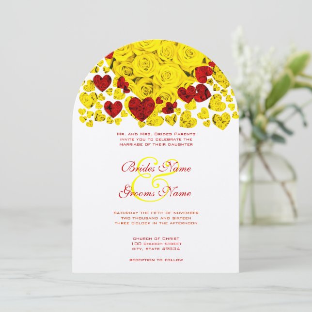 Rustic Rose and Yellow Heart Wedding Invitation (Standing Front)