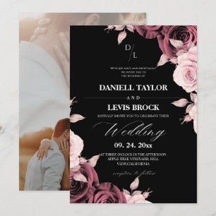 Rustic Rose Blush Pink Floral Black Wedding Invitation