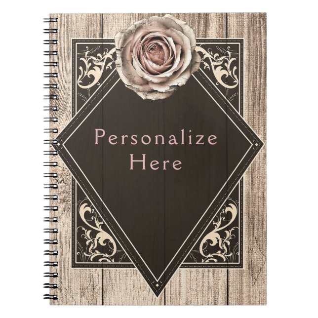 Rustic Rose Elegant Light Wood Diamond Custom Notebook (Front)