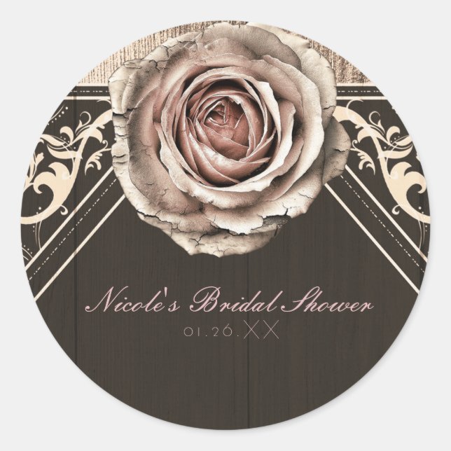 Rustic Rose Elegant Light Wood Diamond Favour Classic Round Sticker (Front)