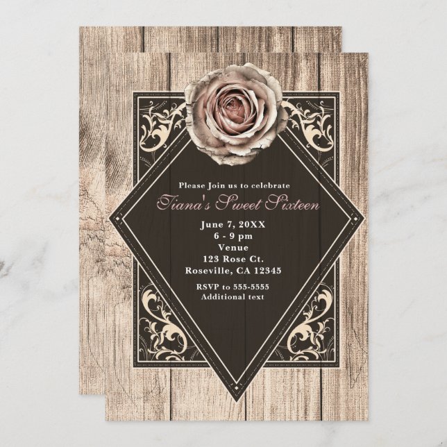 Rustic Rose Elegant Light Wood Diamond Invitations (Front/Back)