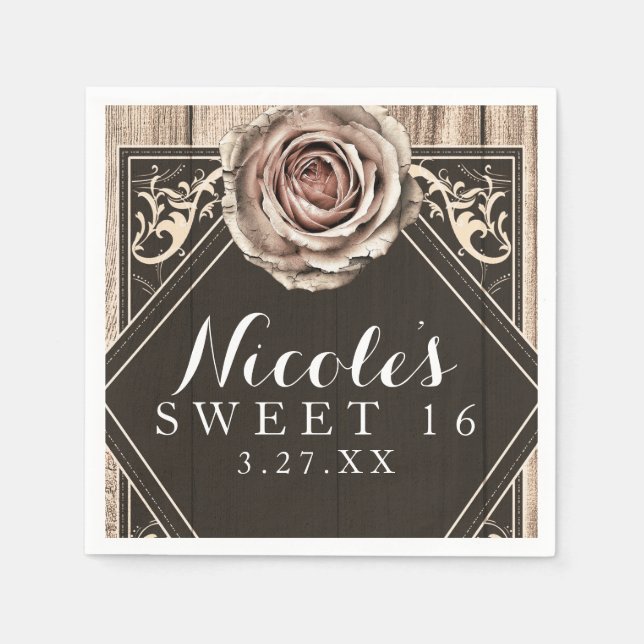 Rustic Rose Elegant Light Wood Diamond Party Napkin (Front)