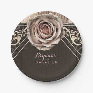 Rustic Rose Elegant Light Wood Diamond Party Paper Plate