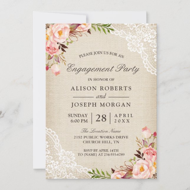 Rustic Rose Floral Burlap Lace Engagement Party Invitation (Front)