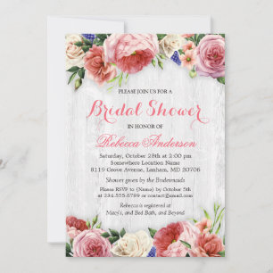 Rustic Rose Floral Chic White Wood Bridal Shower Invitation