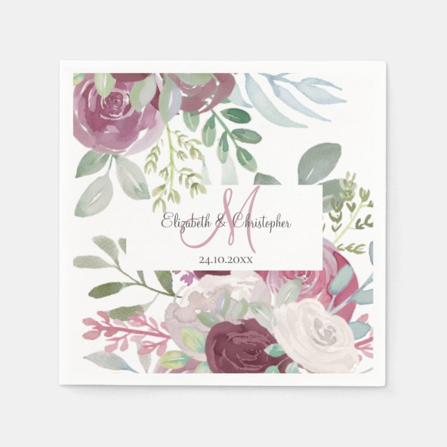 Rustic Rose Floral Watercolor Burgundy Wedding  Napkin (Front)