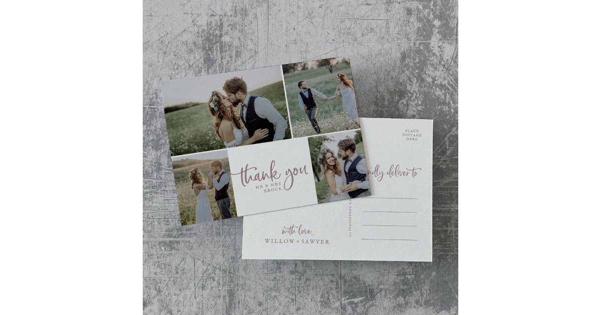 Rustic Rose Gold 4 Photo Collage Wedding Thank You Postcard | Zazzle