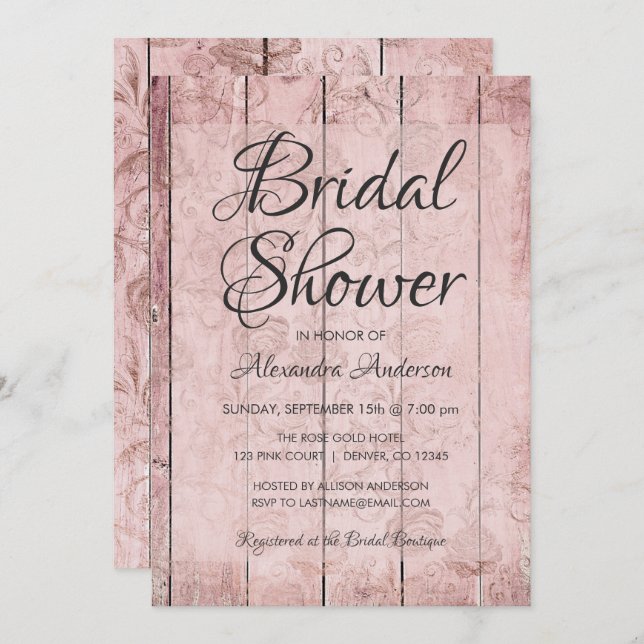Rustic Rose Gold  - Blush Pink Wood Bridal Shower Invitation (Front/Back)